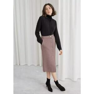 & Other Stories Houndstooth Print Midi Pencil Skirt Pink Black Button Front 4